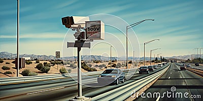 Cameras and speed control radars along a busy highway monitor and record speeding violations. Generative AI Stock Photo