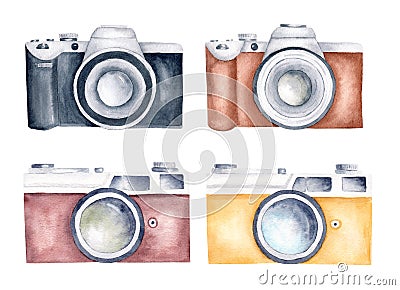 Cameras watercolor clipart set. Vintage retro photocamera hand painted illustration Cartoon Illustration