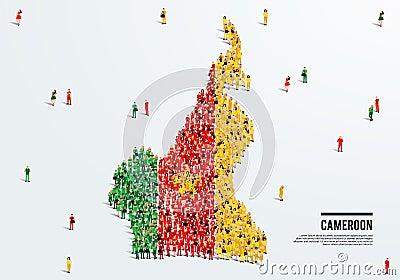 Cameroon Map and Flag. A large group of people in the Cameroon flag color form to create the map. Vector Illustration