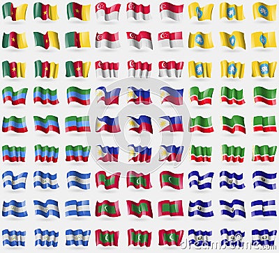 Cameroon, Singapore, Kalmykia, Dagestan, Philippines, Chechen Republic, Nicaragua, Maldives, El Salvador. Big set of 81 flags. Cartoon Illustration
