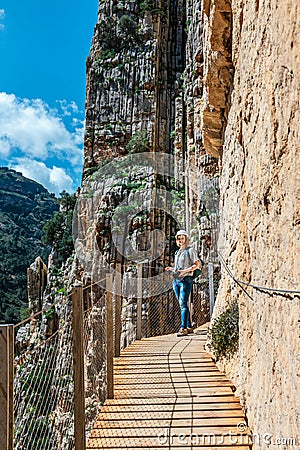 Caminito Del Rey - mountain wooden path along steep cliffs in Andalusia Stock Photo