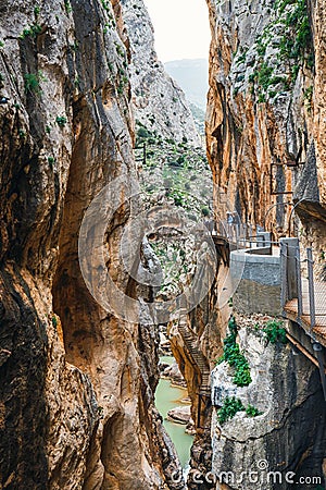 Royal Trail also known as El Caminito Del Rey - mountain path along steep cliffs in gorge Editorial Stock Photo