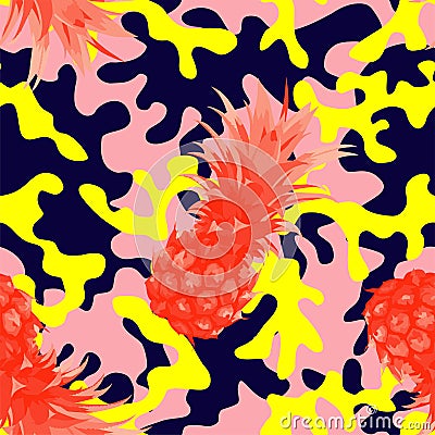 Camo military in pink yellow color with pineapple Vector Illustration