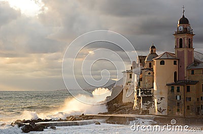 Sea storm at sunset. Camogli. Golfo Paradiso. Liguria. Italy Stock Photo