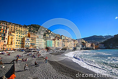 Camogli - People relaxing on the beach at the Mediterranean Sea Editorial Stock Photo