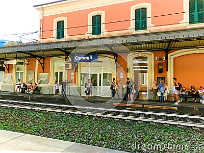 Camogli, Italy - September 15, 2019: People at Camogli train station at Italy Editorial Stock Photo