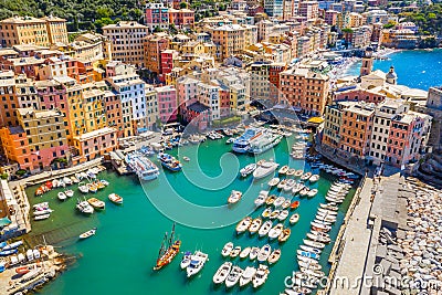 Camogli Marina aerial view. Boats and yachts moored in harbor with green water. A lot fo colorful buildings Stock Photo