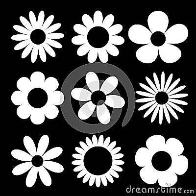 Camomile big set. White daisy chamomile silhouette icon. Cute round flower head plant collection. Love card symbol. Growing Vector Illustration