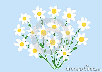 Camomile bouquet in doodle flat style isolated on soft blue background. Beautiful floral composition. Vector illustration Vector Illustration