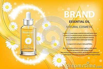 Camomile essential oil cosmetic product ad. Vector 3d illustration. Skin care bottle template design. Face and body Vector Illustration