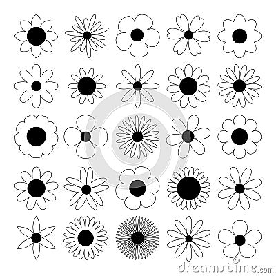 Camomile set. Black daisy chamomile silhouette shape icon. Cute round flower plant nature collection. Love card symbol. Growing Vector Illustration