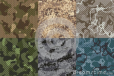 Camouflage khaki texture. Army fabric seamless forest and sand camo netting pattern vector textures set Vector Illustration