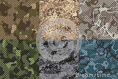 Camouflage khaki texture. Army fabric seamless forest and sand camo netting pattern vector textures set Vector Illustration