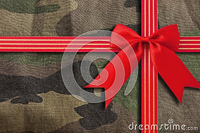 Camouflage-military texture with red ribbon Stock Photo