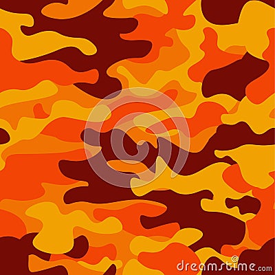 Camouflage pattern background. Classic clothing style masking camo repeat print. Fire orange brown yellow colors forest Vector Illustration