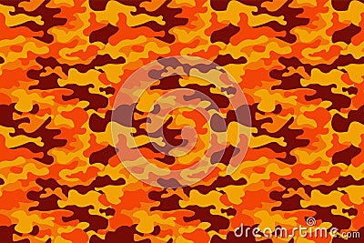 Camouflage pattern background. Classic clothing style masking camo repeat print. Fire orange brown yellow colors forest texture. D Cartoon Illustration