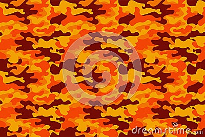 Camouflage pattern background. Classic clothing style masking camo repeat print. Fire orange brown yellow colors forest texture. D Cartoon Illustration