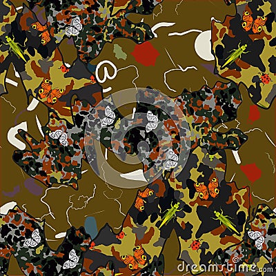 Camouflage print with insects. Background illustration of butterflies, grasshoppers, ladybugs Cartoon Illustration