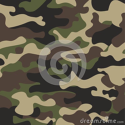 Camouflage seamless pattern background. Classic clothing style masking camo repeat print. Green brown black olive colors Vector Illustration