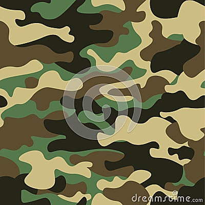 Camouflage seamless pattern background. Classic clothing style masking camo repeat print. Green brown black olive colors Vector Illustration