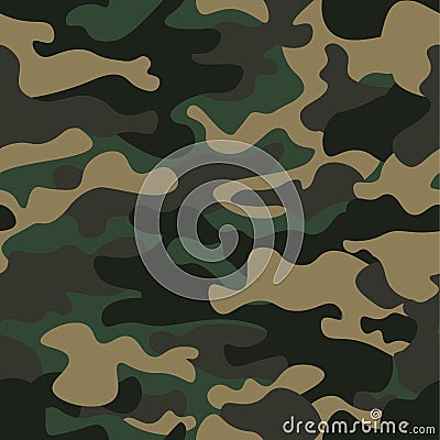 Camouflage seamless pattern background. Classic clothing style masking camo repeat print. Green brown black olive colors Vector Illustration