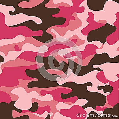 Camouflage seamless pattern background. Classic clothing style masking camo repeat print. Pink orchid rose ruby colors forest text Cartoon Illustration