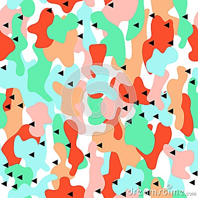 Camouflage seamless pattern in a blue, green and orange colors with triangles. Vector Illustration