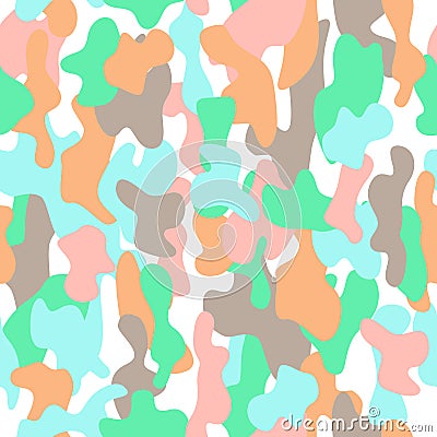 Camouflage seamless pattern in a brown, blue, pink, orange and green colors. Vector Illustration