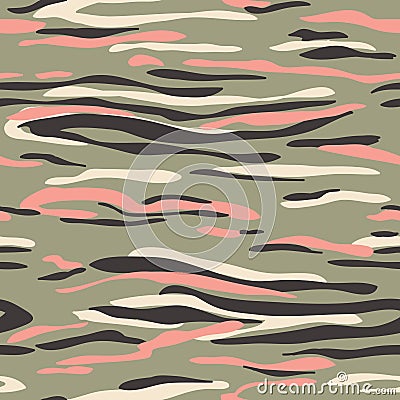 Camouflage Seamless Pattern. Camo Khaki Texture, Background. Abstract Military Backdrop for Fashion, Fabric, Print Vector Illustration