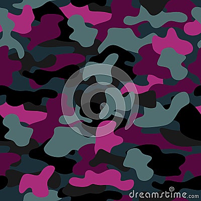 Camouflage seamless pattern in a pink, violet, black and grey colors. Vector Illustration