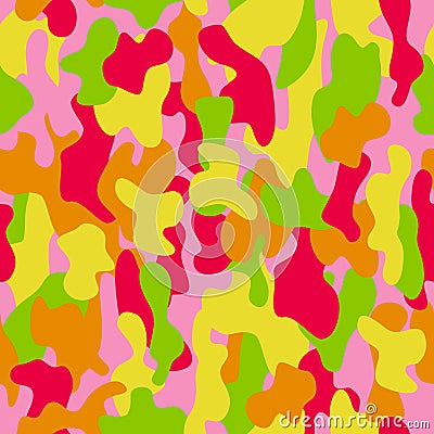 Camouflage seamless pattern in a red, yellow, pink, orange and green colors. Vector Illustration