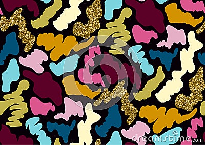 Camouflage seamless pattern in a shades of pink, yellow, gold glitter, blue , black colors Vector Illustration