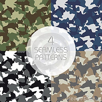 Camouflage seamless patterns set. Green, brown, olive colors forest texture, navy, winter military colors Vector Illustration