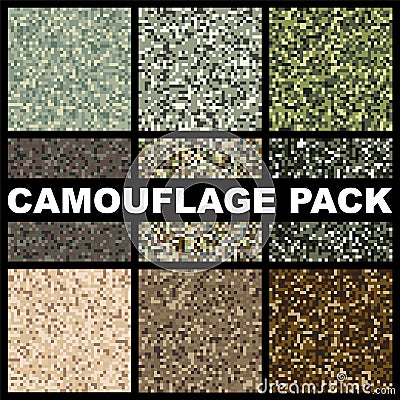 Camouflage texture pack. Pattern template forest, swamp, jungle, desert for hunting or military textile clothes Vector Illustration