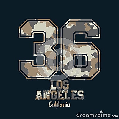 Camouflage typography for clothes with lettering Los Angeles, California, 36. Typography for t-shirt Vector Illustration