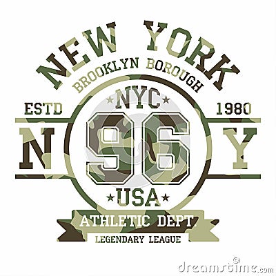 Camouflage typography for t-shirt print. New York, varsity, athletic t-shirt graphics Vector Illustration