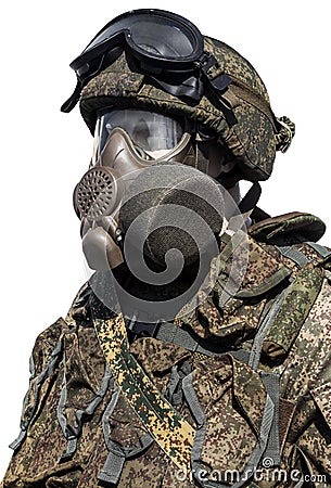 Camouflage uniform, uniform and gas mask, Russian army isolated Stock Photo