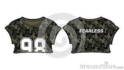 Camouflage Women crop top t-shirt Jersey design concept Illustration Vector, Fashionable Casual wear Short sleeve crop top Vector Illustration