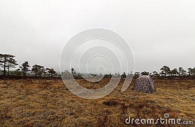 Camouflaged hunting blind ready for the photography hunt at the grouse lek place. Stock Photo