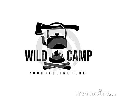 Camp, camping, ax, kettle and bonfire with fire, logo design. Hiking, adventure, survival and tourism, vector design Vector Illustration