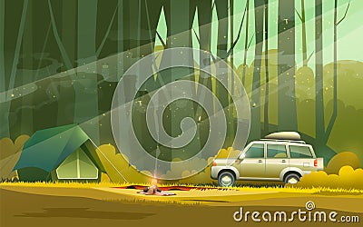 Camp and car in forest Cartoon Illustration