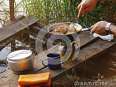 Camp cooking Stock Photo