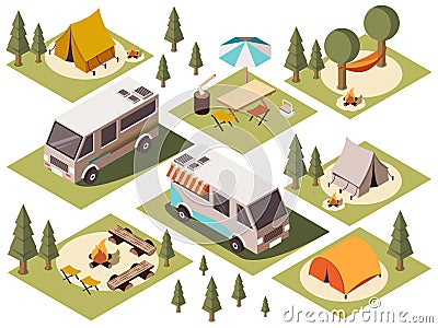 Camp Elements Isometric Set Vector Illustration