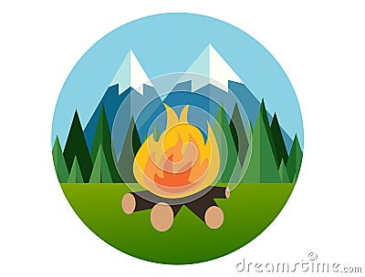 Camp fire in forest mountain flat icon pine tree jungle vector graphic Vector Illustration