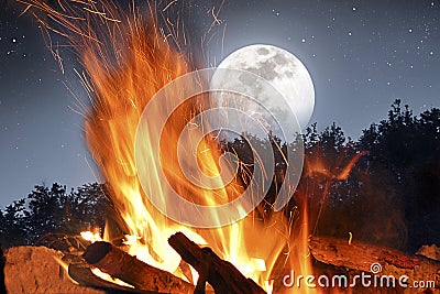 Camp fire in the moonlight Stock Photo