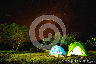 Camp in forest at night with star Stock Photo