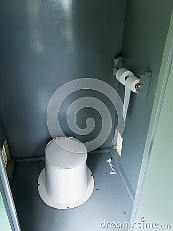 Camp ground latrine outhouse inside pit toilet Stock Photo