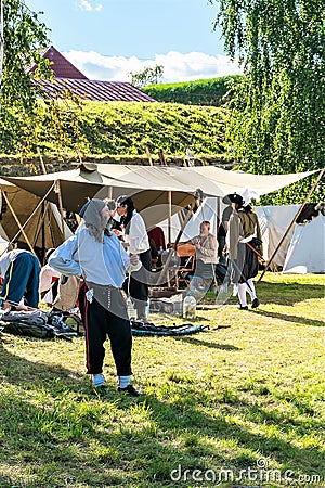 Russia, Priozersk, August 2020. Scene in the camp of historical reenactors. Editorial Stock Photo