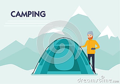 Camp in the mountains. mountain climber. Banner. Flat cartoon illustration vector set. Active sport concept set Vector Illustration
