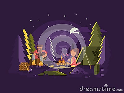 Camp is near a fire Vector Illustration